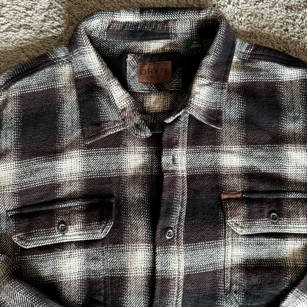 Orvis Men’s 3XL Heavy Twill Brown Plaid Flannel Shirt Jacket